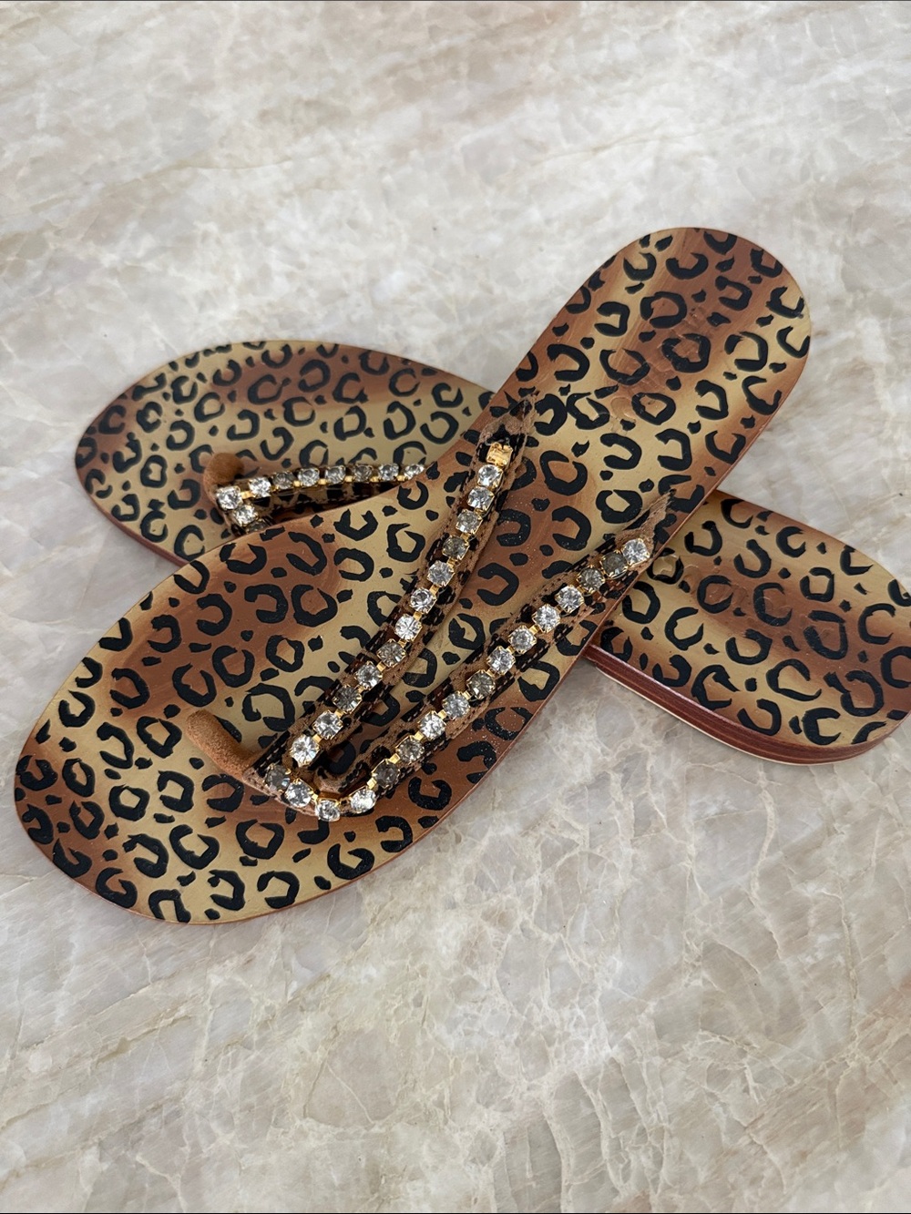 Mystique Boutique Leopard Print Sandals with Rhinestone Straps - Brown/Tan